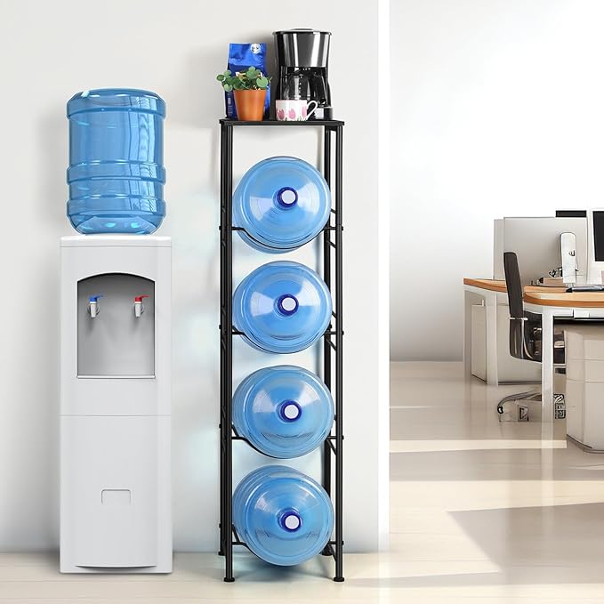 Vrisa Water Jug Holder 5 Gallon Water Jug Stand 4-Tier Water Gallon Holder Organizer with Storage Shelf 3/5 Gallon Water Jug Rack for Home Office Kitchen Black