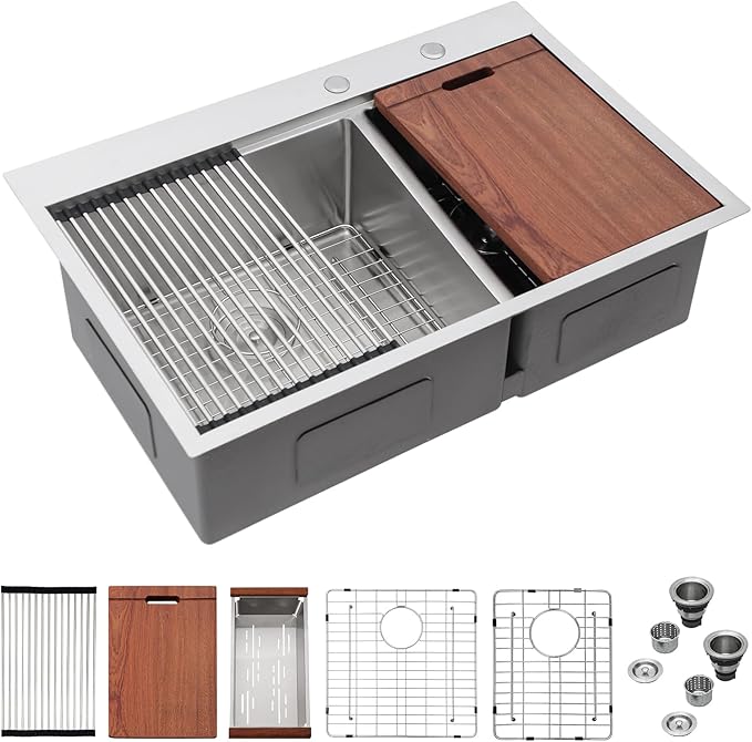 Mocoloo 33 Inch Drop In Kitchen Sink - 33 x 22 Drop In Double Bowl Kitchen Sink 16 Gauge 60/40 Topmount Stainless Steel Sinks Handmade, 33''x22''x10'' Above Counter with Offset Drainer