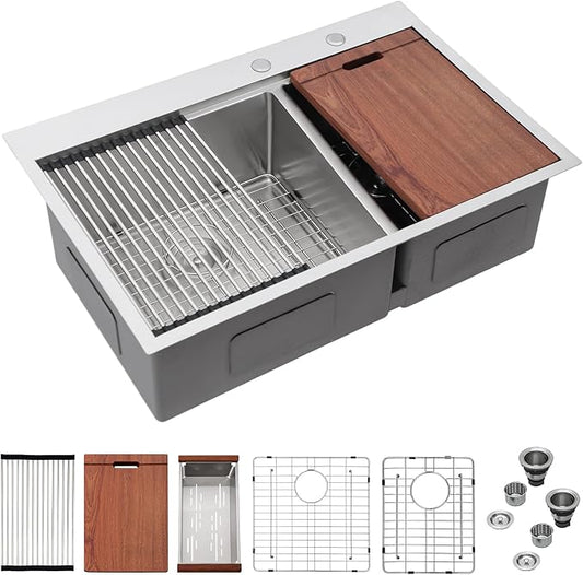 Mocoloo 33 Inch Drop In Kitchen Sink - 33 x 22 Drop In Double Bowl Kitchen Sink 16 Gauge 60/40 Topmount Stainless Steel Sinks Handmade, 33''x22''x10'' Above Counter with Offset Drainer