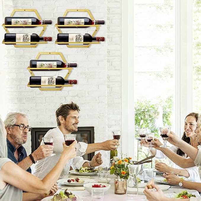 Wall Mounted Wine Bottle Rack, Gold Metal Hanging Wine Display Holder Organizer, Red Wine Racks for Home Kitchen Bar Decor Storage