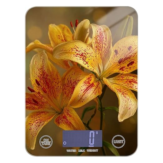 Yellow Lilies Flowers Food Scale Kitchen Digital Scale Food Ounces and Grams Dieting Baking Cooking Waterproof Glass Panels LCD Display,4 Units Tare Function