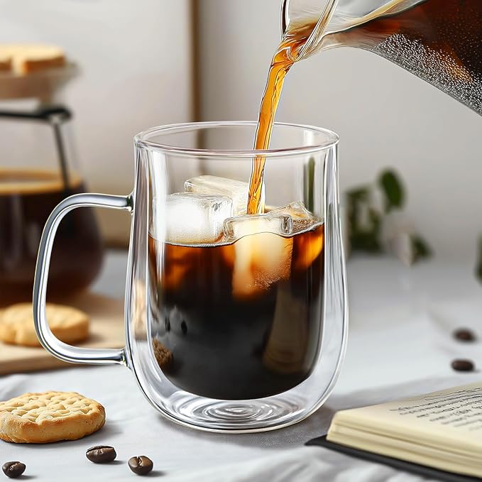 Double Walled Glass Coffee Mugs 16 OZ, Borosilicate Glass Coffee Cups Set of 4 with Spoons, Insulated Clear Coffee Mug for Hot Beverages, Cappuccino, Latte, Tea Bag.