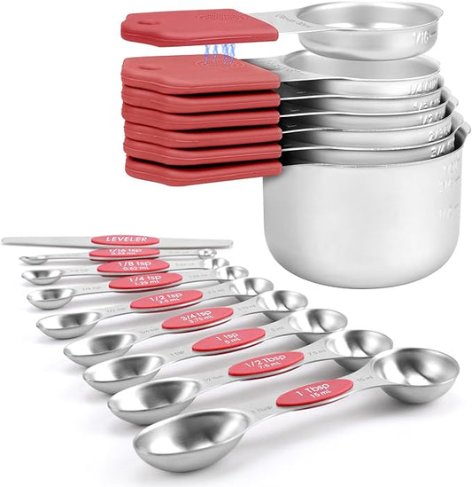Magnetic Measuring Cups and Spoons Set-Heavy Duty 304 Stainless Steel，Double Measurement Markings，Set of 16 with Leveler for Measure Dry and Liquid Ingredients (Red)
