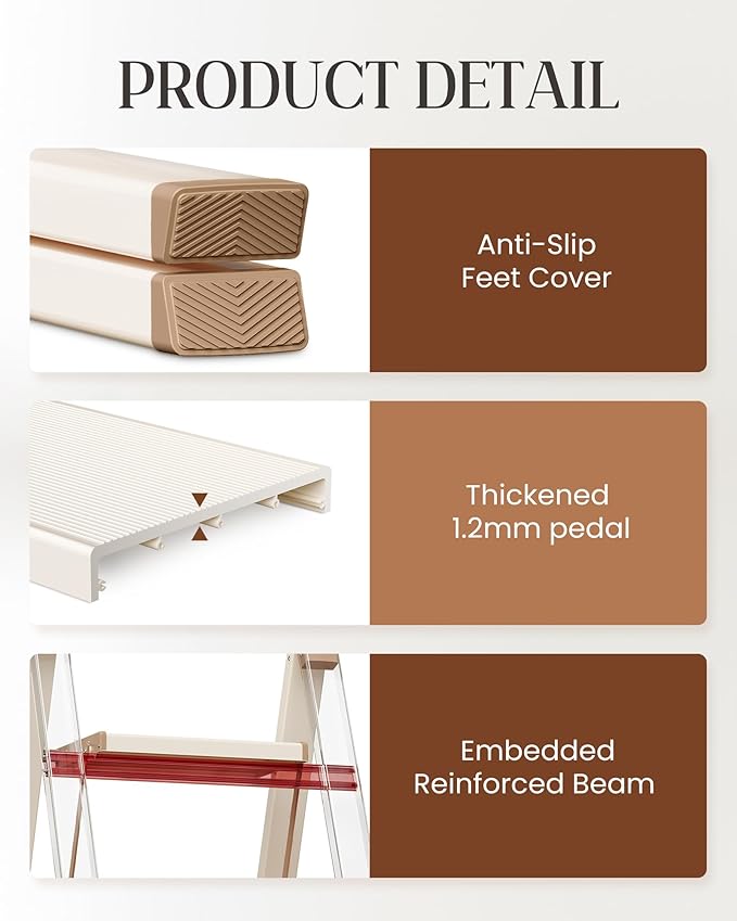 GameGem 4 Step Ladder, Aluminum Folding Step Stool with Anti-Slip Sturdy and Wide Pedal, Lightweight Portable Stepladder for Home and Kitchen Use Space Saving, 330 lbs, Chocolate White