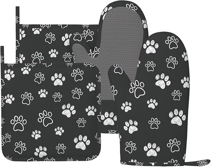 Dog Paw Print Oven Mitts and Pot Holders Set of 4 Silicone Black White Dog Paw Print Kitchen Mitten Gloves and Non-Slip Potholders Set Heat Resistant Oven Gloves Hot Holders for Kitchen