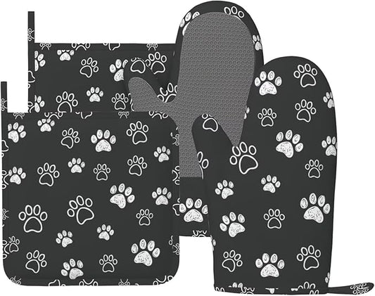 Dog Paw Print Oven Mitts and Pot Holders Set of 4 Silicone Black White Dog Paw Print Kitchen Mitten Gloves and Non-Slip Potholders Set Heat Resistant Oven Gloves Hot Holders for Kitchen