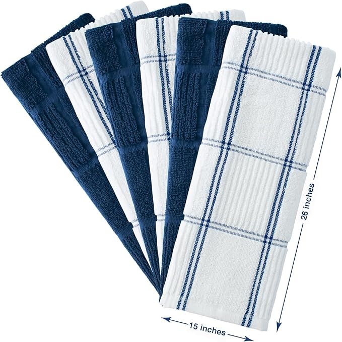 CRAFTSWORTH Kitchen Towels, 15 x 26 Inches, Pack of 6, 400 GSM, 100% Ring Spun Cotton, Navy Combo Windowpane Dish Towels Super Soft and Absorbent, Tea Towels and Bar Towels