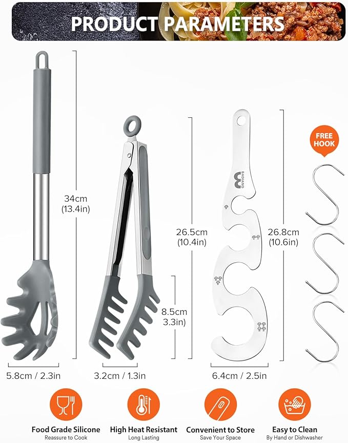 Silicone Spaghetti Spoon & Pasta Tong With Pasta Measurer, 3 Pack of Non-Stick Stainless Steel Handle Pasta Fork Set with Teeth, Food Clip for Easy Serving of Noodles (GREY)