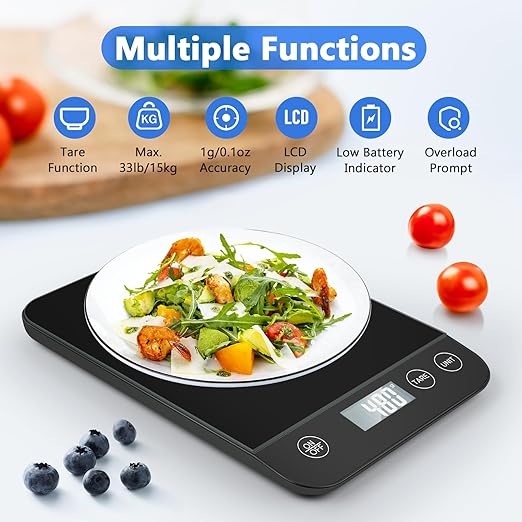 Digital Kitchen Scale, 22lb Capacity, Tempered Glass, Easy Tare Function, Large LCD Display, Perfect for Cooking, Baking, and Meal Prep