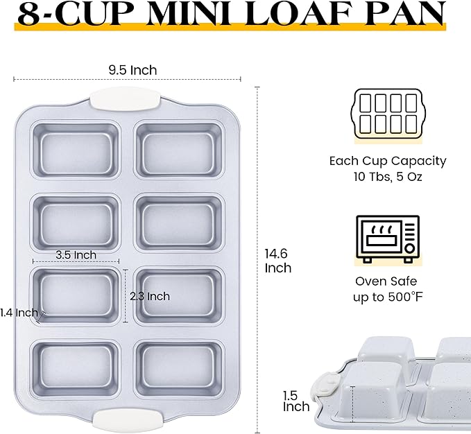1 Pc Mini Loaf Pans for Baking 8 Cavity Nonstick Small Bread Pans Carbon Steel Tiny Meatloaf Tin with Handles (Cream)