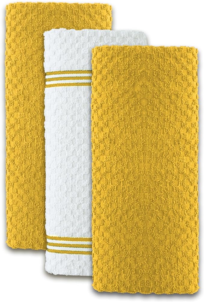 Infinitee Xclusives Premium Kitchen Towels – Pack of 3, 100% Cotton |15 x 25| Inches Absorbent Dish Towels - Terry Kitchen Dishcloth Towels - Yellow Dish Cloth for Household Cleaning