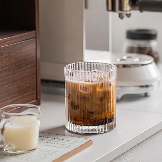 INSETLAN 12-Piece Ribbed Glassware - 6 Highball Glasses 12 oz, 6 Rocks Glass Cups 14 oz, Vintage Cocktail Drinking Glasses, Ideal for Wine, Juice, Water, Ice Coffee Cup, Whiskey, Mixed Drinkware