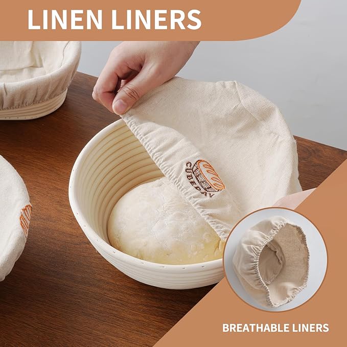 Banneton Bread Proofing Basket,Sourdough Banneton Basket, Nature Rattan Proofing Basket – 9 Inch Round x2 with Liner, Artisan-Grade Sourdough Baking Essentials for Perfect Rise & Rustic Crust