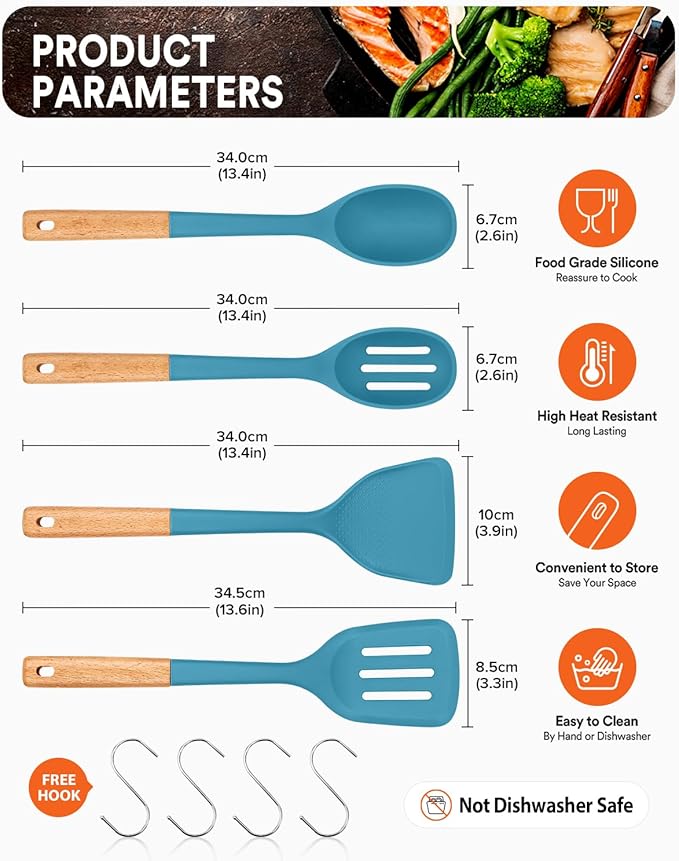 Silicone Cooking Utensils Set, Perfectly Angled for Frying, Mixing,Serving,Draining,Turning and Stirring, BPA-Free Matte Silicone, Wood Handles, Safe for Nonstick Cooking Surfaces,4 Pack (Blue)