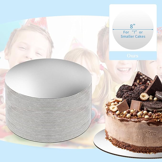 JCD 40 PCS Sliver Cake Boards, Cake Boards 8 Inch Round, Disposable Cake Plates, Food Grade Cake Base Cake Tray Cake Circles, 8 Inch Cake Board Sliver Cardboard Base(Sliver, 8inch/40Pcs)