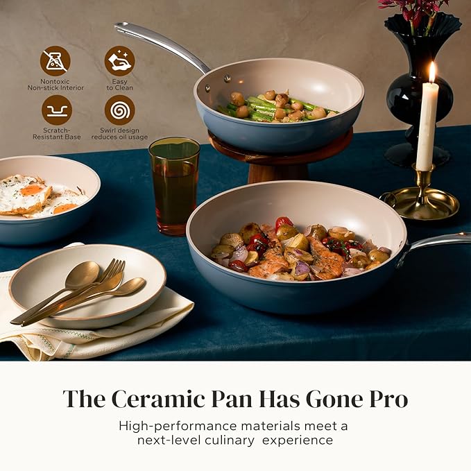 Redchef Nonstick Ceramic Pans, 4-Piece Deep Ceramic Frying Pan with Lid, 8" 9.5" 11" Deep Frying Pan, Egg Frying Pans Suitable for All Stovetops, PFAS & PTFE & PFOA Free, Dishwasher & Oven Safe, Blue