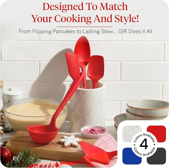 GIR: Get It Right 5-Piece Silicone Essentials Kitchen Utensils Set - Ladle, Spatula, Flip, Spoon & Spoonula - Non-Toxic Cooking Utensils for Nonstick Cookware, Cooking and Baking - Fire Red