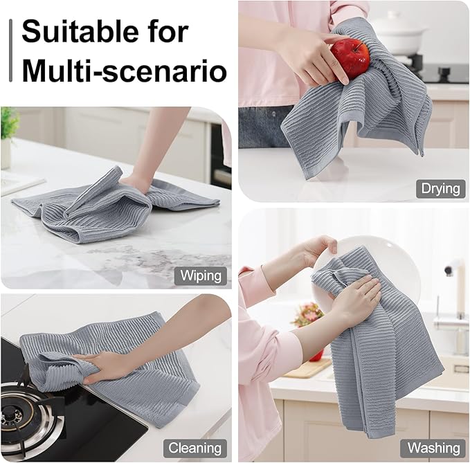 Homaxy Premium Kitchen Towels (18"x 28", 12 Pack), Large 100% Cotton Kitchen Hand Towels, Ultra Absorbent Ribbed Terry Tea Towels Set with Hanging Loop, Grey