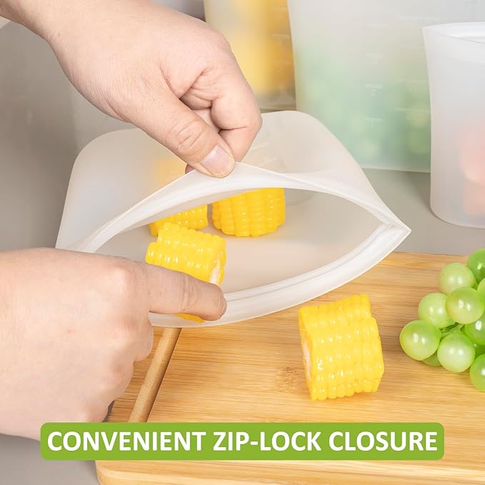 Reusable Storage Bag, 8 Pack 100% Silicone Food Storage Bags Stand Up Zip Lock Bags for Food, Freezer Microwave Oven Dishwasher Safe, 2 X-Large(0.8 Gallon) 2 Medium 2 Small 2 X-Small, Translucent