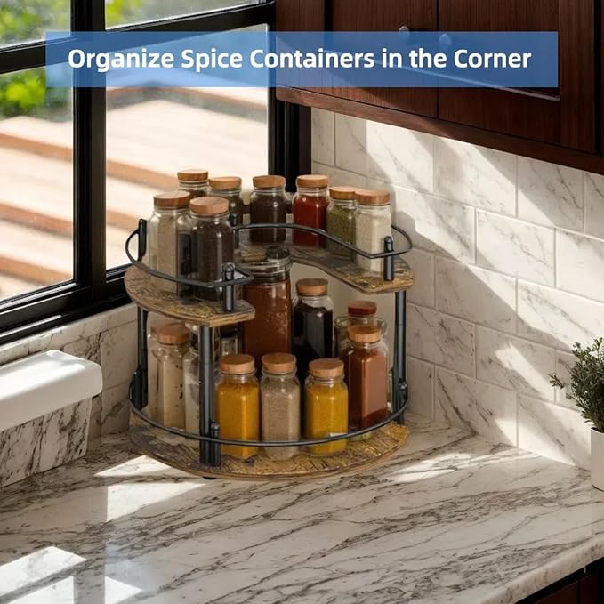 2-Tier Wooden Lazy Susan Turntable Organizer for Cabinet, Table Top, Kitchen, Pantry, Bathroom, Vanity Countertop, Rotating Wood Lazy Susans Rack for Spice, Seasoning Storage Organization(Round)