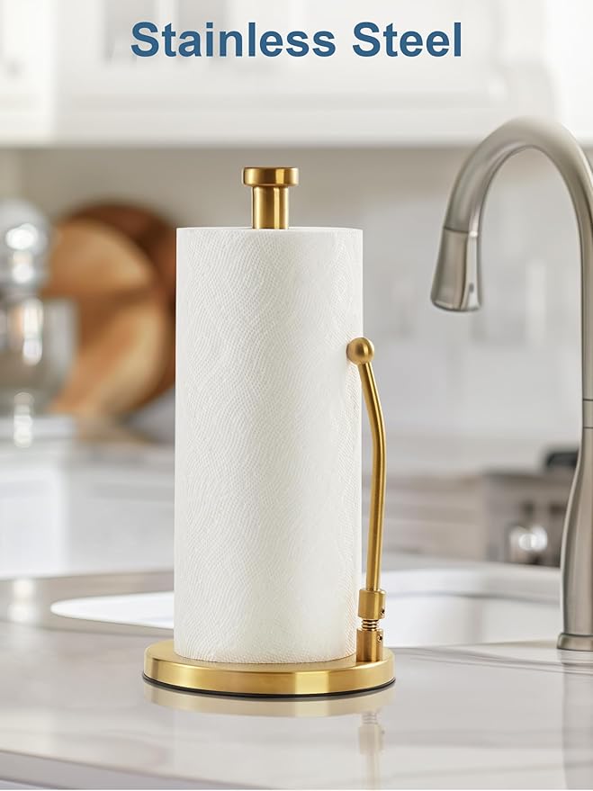 SMARTAKE Paper Towel Holder, Paper Towel Dispenser Standing Weighted Base Non Slip, Spring Arm Fit Most Size Paper Roll, Stainless Steel Kitchen Roll Stand for Home Kitchen Countertop Tabletop, Gold