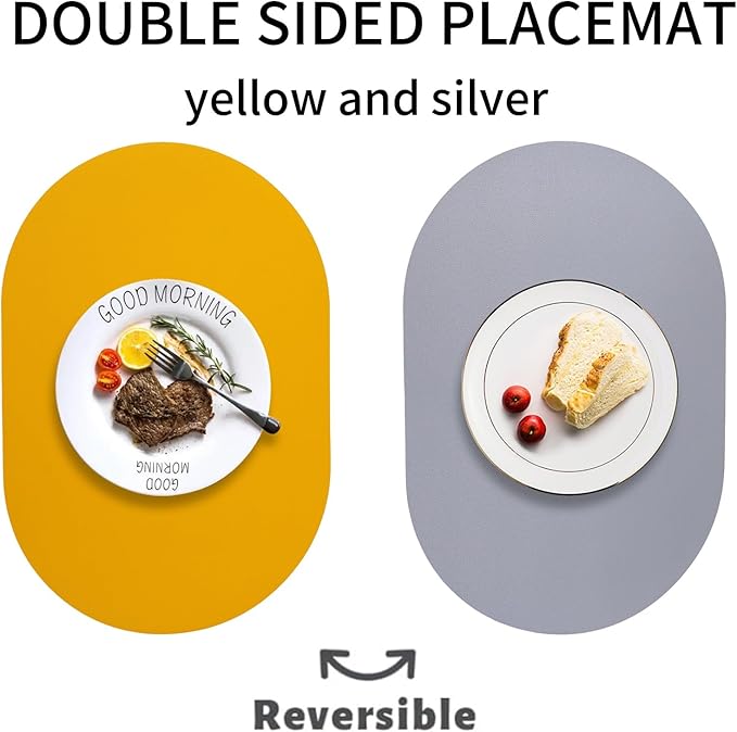 Oval PU Placemats Set of 6,Reversible Faux Leather Placemat for Dining Table,Waterproof Heat Resistant Wipeable Anti Slip Table Mats,Modern Table Protectors(Yellow and Silver)