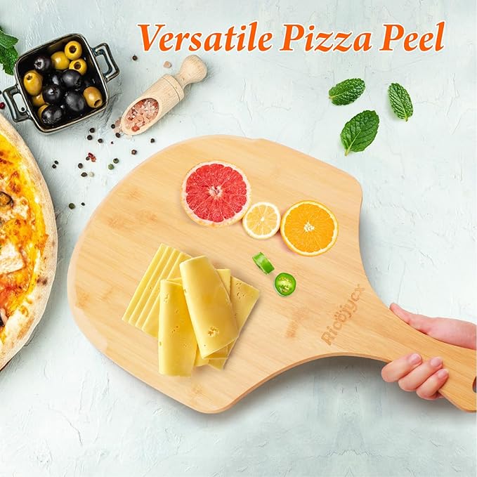 2 Pack Natural Bamboo Pizza Peel 14 inch, Wood Pizza Paddle, Cutting Board with Handle for Pizza, Bread, Cheese, Vegetable, Fruits