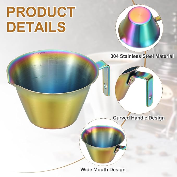 uxcell 1 Pcs Stainless Steel Espresso Cup with Handle, V-Shaped Mouth Espresso Measuring Cup with Scale for Preparing Coffee, Cocktails, 3.4OZ/100ML (Iridescent)