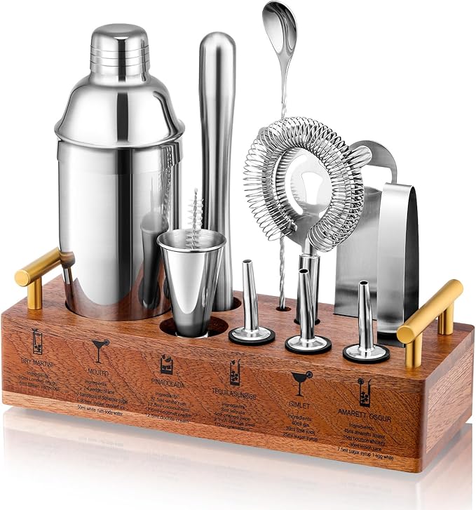 Cocktail Shaker Set Bartender Kit with Stand 24oz Martini Shaker,12-Piece Professional Bar Tool Set Drink Mixer Set with All Essential Bar Tools.