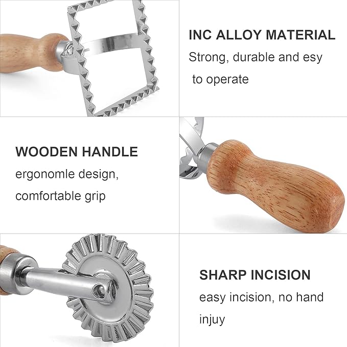 Ravioli Maker Stamp Cutter with Roller Wheel Set, Pasta Maker Mold with Wooden Handle and Fluted Edge, Ravioli Cutter and Press Stamp – for Pasta, Dumplings Lasagna, Pierogi (3 Set with Cutter)