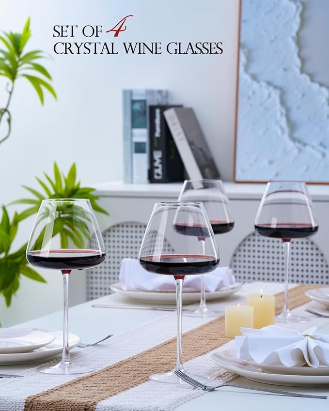 Hand-Blown 23.5OZ Crystal Wine Glasses Set of 4 for Pinot Noir, Burgundy, Bordeaux, Large Lead-Free Crystal Glasses with Unique Bottom Design for Red, White Wine, Big Oversized Glasses