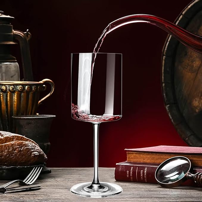 SANZO Square Crystal Wine Glasses Set of 2, Handmade Modern Red and White Wine Glasses, 15oz Tall Stemware for Home, Bar, or Gift Use(2PCS)