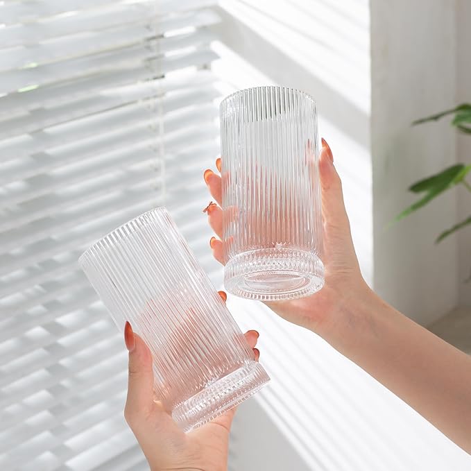 16oz Ribbed Glassware, Vintage Drinking Glasses Set of 4, Cocktail Glass Cups, Elegant Tom Collins Glasses, Highball Ribbed Glasses Ideal for Water, Iced Coffee, Juice, Beer, Milk