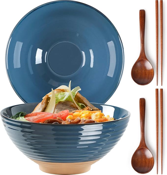 NUTRIUPS Set of 2 Ceramic Ramen Bowls with Spoons & Chopsticks, 40oz Large Soup Bowls for Udon, Miso, Noodles (Ocean & Earth)