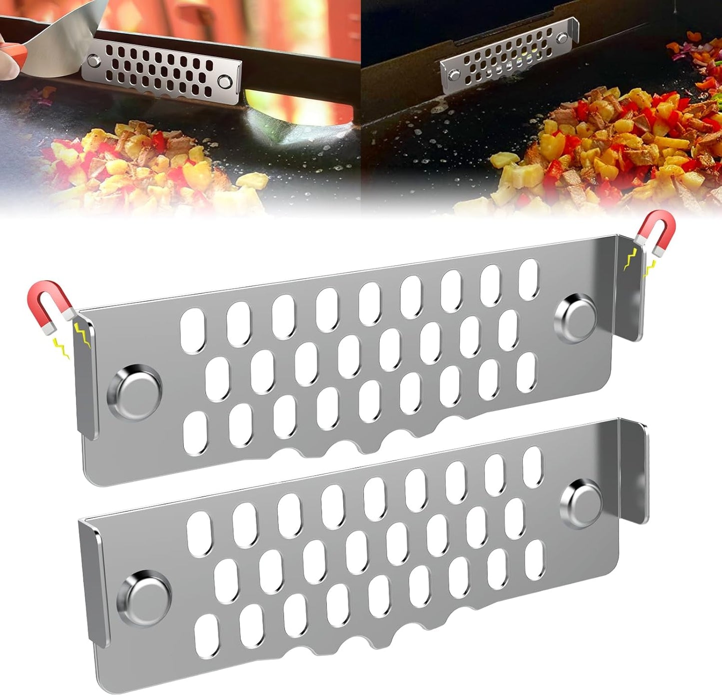 Griddle Accessories of Blackstone Grease Gate Blocker,Grease Gate for Blackstone Griddle,Block Food from Falling into Rear Grease Trap,Movable&Magnetic,Stainless Steel&Heat-Resistant,Rust-Proof(2PCS）