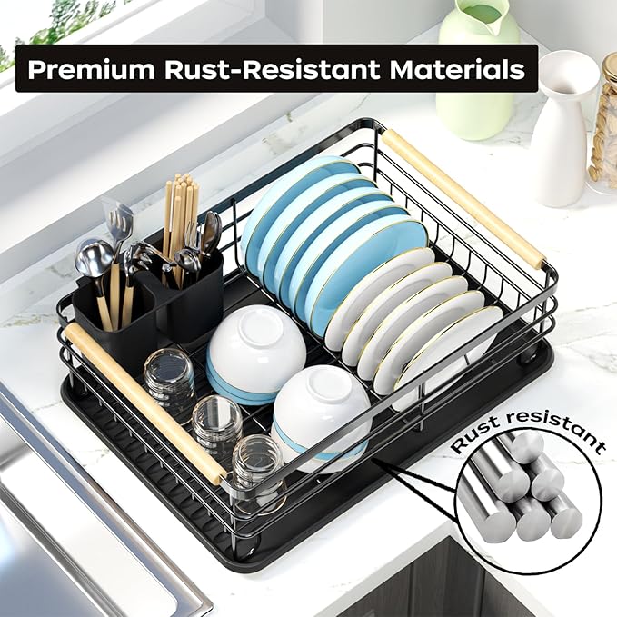 Dish Racks for Kitchen Counter: Wooden Handles, Thickened Metal, No Assembly. Small Dish Drying Rack: Ideal for Small Households. Drying Rack Kitchen: Black