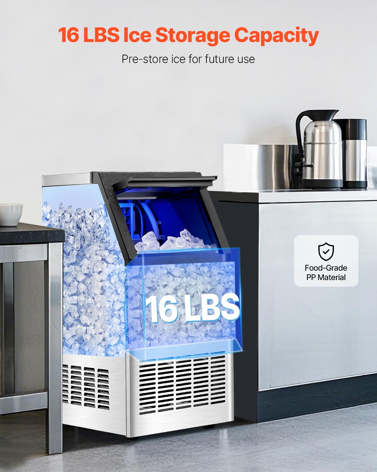 VEVOR Commercial Ice Maker Machine, 100lbs/24H Ice Maker Machine with 16lbs Storage Capacity, 36 Ice Cubes in 15 Minutes, LED Digital Display Freestanding Self-Cleaning for Bar Office Restaurant