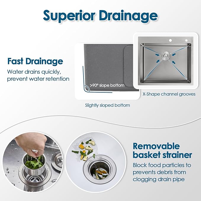 ROVOGO 25x22x8.7 in. Drop-in Kitchen Sink Single Bowl with Rear Drain, 18 Gauge Stainless Steel Handmade Top Mount Sink with 2-Hole, Brushed