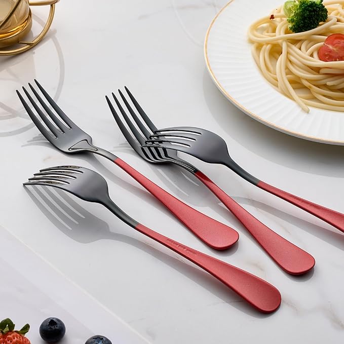 Black and Red Dinner Fork, 18/0 Red handle Stainless Steel Satin Finish 8.1-inch Silverware Flatware Fork Set, Set of 24, Dishwasher Safe