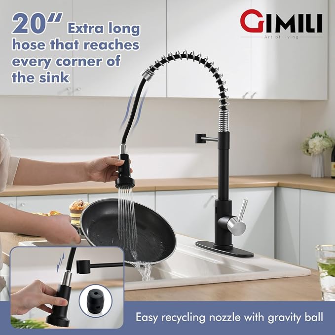 GIMILI Black and Nickel Touchless Kitchen Faucet with Pull Down Sprayer, Motion Sensor Smart Hands-Free Single Handle Kitchen Sink Faucet, Single Hole Kitchen Spring Faucet