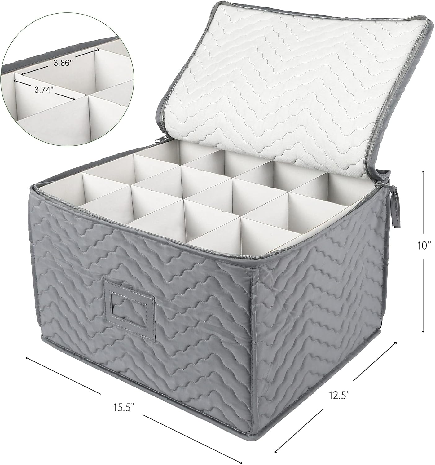 LotFancy Stemware Storage Containers, 2-Pack, Deluxe Quilted Storage Case with Dividers for 24 - Wine Glasses, Champagne Flutes, Glassware, Drinkware Storage Box Chest, 15.5”x12.5”x 10”, Gray
