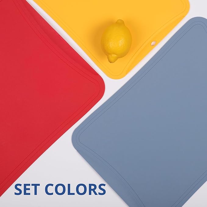Blue Ginkgo TPU Cutting Mats [Set of 3] – Korean-Made Flexible, Knife-Friendly, Durable Kitchen Cutting Boards (Red, Blue, Yellow)
