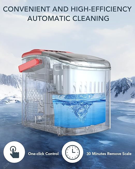 Ice Maker Countertop, Efficient Easy Carry Ice Machine, Self-Cleaning Ice Maker with Ice Scoop & Basket, 9pcs/ 8mins 26.6Lbs Per Day for Home/Office/Kitchen,RED