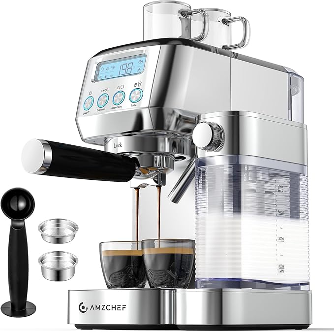AMZCHEF Espresso Machine with LCD Display, 20 Bar Cappuccino Machines with Automatic Milk Frother for Home Gifts, Latte Coffee Maker with Dual Wall & Filters, Stainless Steel Style sliver