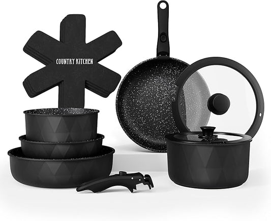 Country Kitchen Cookware Set with Removable Handle, Oven & RV Safe Pots and Pans Set, Black Diamond, Original