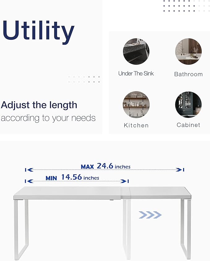 Nxconsu Cabinet Shelf Expandable Organizer Riser Rack for Kitchen Pantry Cupboard Under Sink Countertop Home Organization Extra Storage Space Saver Heavy Duty Metal Edgeless Design White