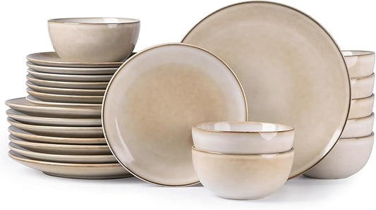 GBHOME Ceramic Dinnerware Sets for 8, 24 Pieces Stoneware Plates and Bowls Sets, Reactive Glaze Dishes -Scratch Resistant, Dishwasher&Microwave Safe-Cappuccino