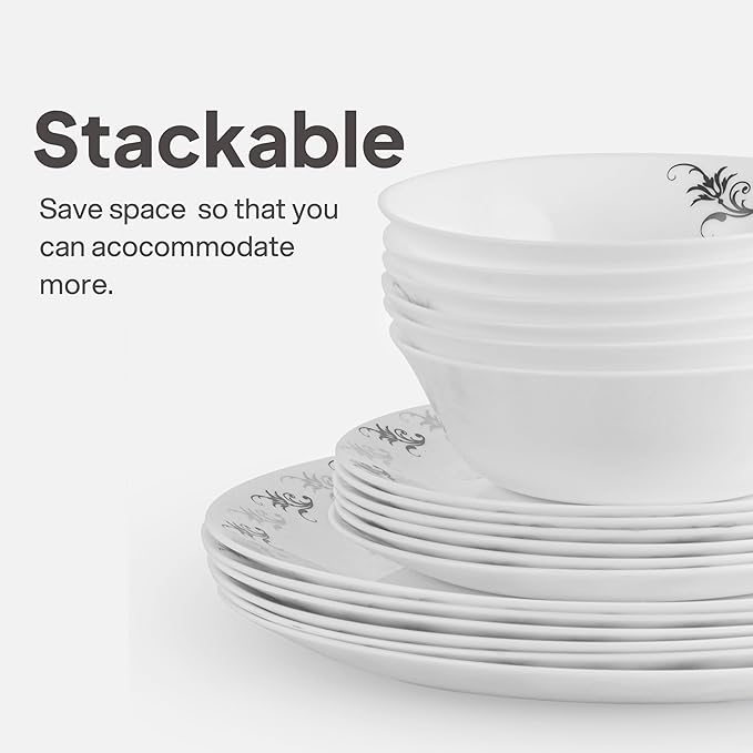 Cello Regal Dinnerware Set of 18 pieces, Service for 6, Chip & Scratch Resistant, Lightweight Round Plates and Bowls Set, Microwave & Dishwasher safe, Opalware Dinner Set, Black Magic