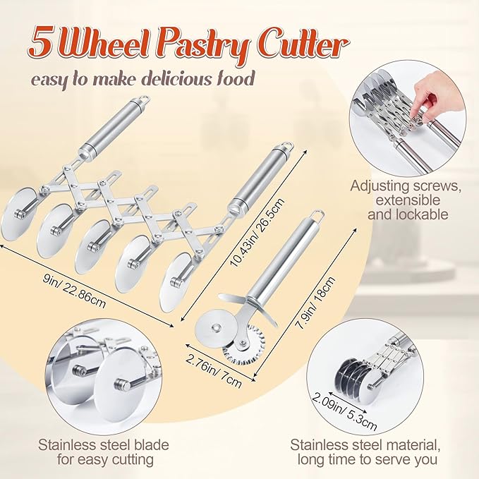 Gisafai 3 Pcs Pastry Cutter Set 5 Wheel Adjustable Pizza Slicer Stainless Lattice Roller Slicer Dual Ravioli Dough Cutter for Christmas Kitchen Pizza Noodle Pasta Maker