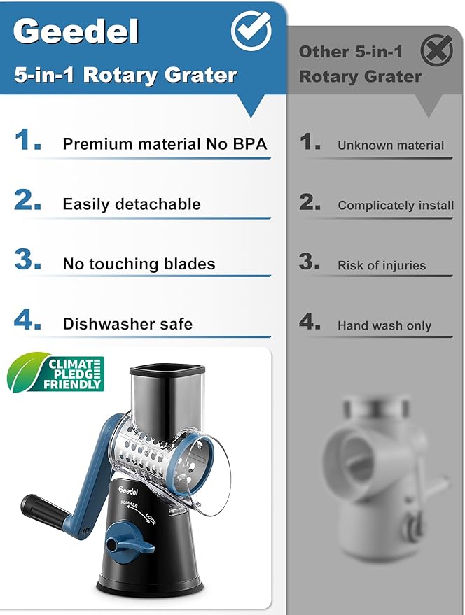 Geedel Rotary Cheese Grater Cheese Shredder - Upgraded 5-in-1 Cheese Grater with Handle and Strong Suction Base, Multi-purpose Vegetable Slicer Ice Shaver Nuts Grinder for Ice, Vegetables, Fruit, Nuts